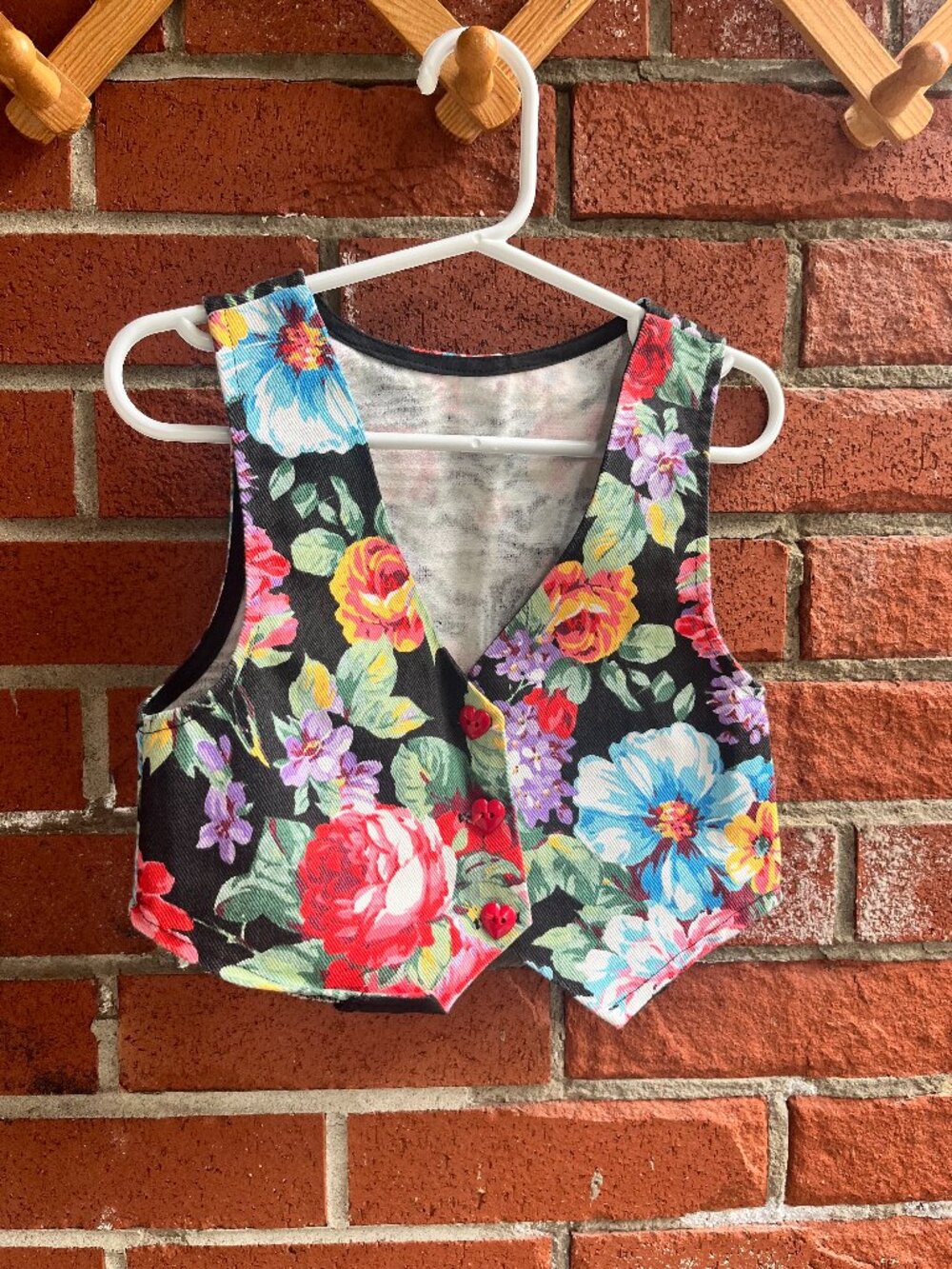 90's Vintage Kids Black Floral Denim Vest with Red Heart Buttons